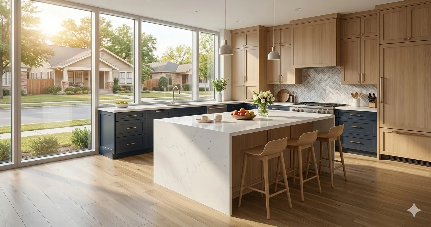 Bright and modern completely finished kitchen in Austin featuring a large quartz island and natural wood cabinetry.